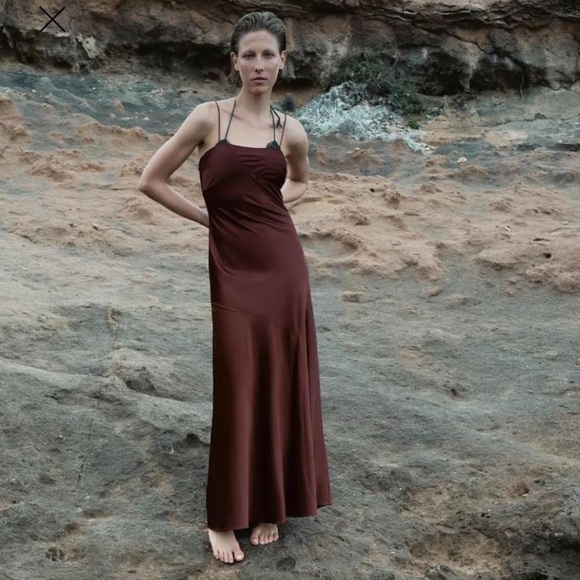 brown dress reformation Reformation x Laura Harrier Velda Plunge Neck Brown Dress